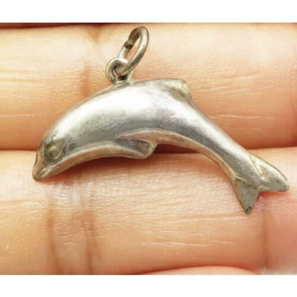 925 Sterling Silver - Vintage Smooth Puffy Leaping Dolphin‎ Motif Pendant